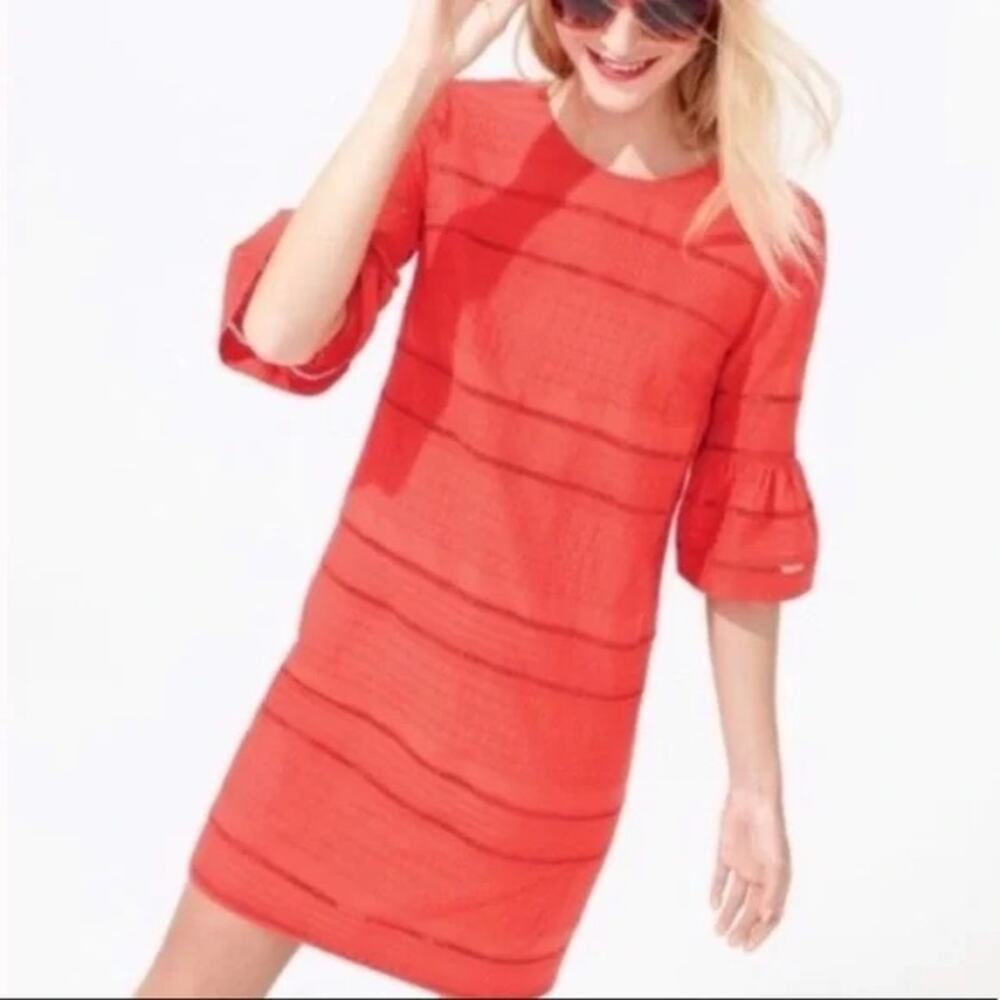 [J. Crew] Red Eyelet Lace Embroidered Bell Sleeve Shift Dress Crew Neck Size 14
